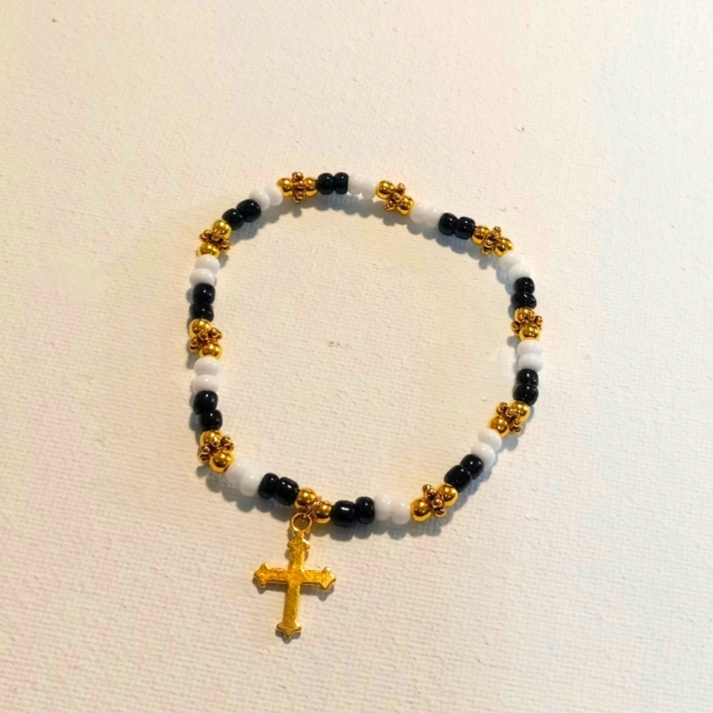 Black & White Beaded Gold Plated Cross Charm Bracelet